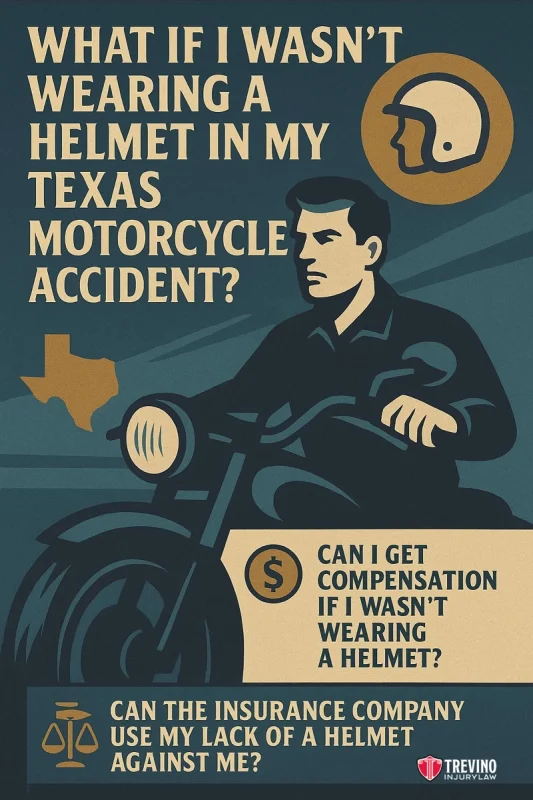 Importance of Wearing A Helmet, A vintage-style illustration shows a man riding a motorcycle without a helmet. Text asks, “What if I wasn’t wearing a helmet in my Texas motorcycle accident?” and, “Can I get compensation?” with a motorcycle accident lawyer San Antonio logo in the corner.