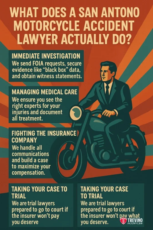 What Does A Motorcycle Accident Layer Do, Illustrated poster shows a man in a suit riding a motorcycle. Text details what a motorcycle accident lawyer San Antonio does, from immediate investigation to managing medical care, handling insurance companies, and taking cases to trial.