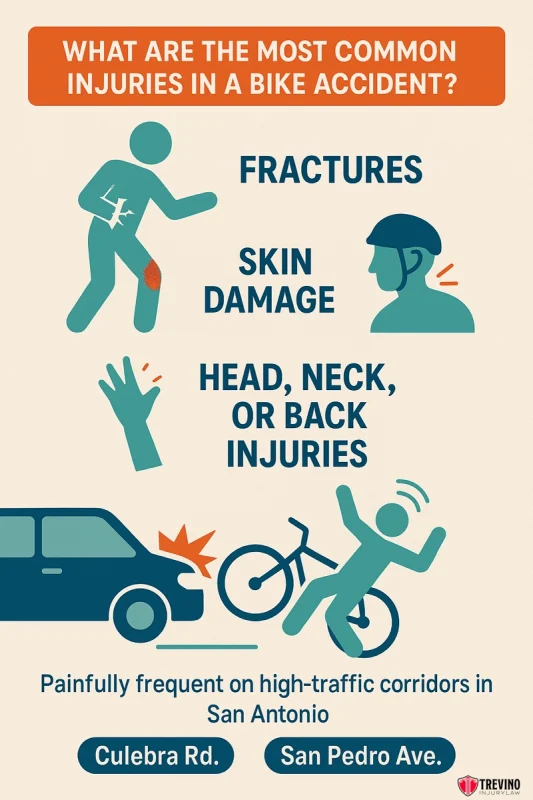 Most Common Injuries In a Bike Accident, Infographic showing a biker being hit by a car. Lists common injuries from San Antonio bicycle accidents: fractures, skin damage, head/neck/back injuries. Highlights high-traffic corridors Culebra Rd. and San Pedro Ave. Red and blue color scheme, Trevino Law logo.