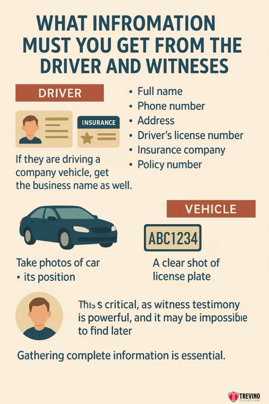 Informational graphic on gathering info after an accident in San Antonio—especially if hit by a car while riding a bike. Lists what to collect, includes car and license illustrations, and emphasizes collecting complete info to protect your rights.