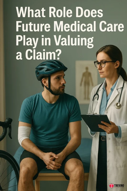 Role Does Future Medical Care Play In Valuing A Claim, A man wearing a bicycle helmet and casual clothes sits on an exam table, his knee bandaged, next to a doctor with a clipboard. Large text above them reads, “What Role Does Future Medical Care Play in Valuing a San Antonio Bicycle Accident Case?”.