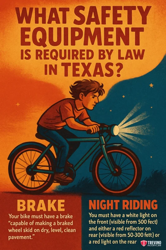 What Safety Equipment is Required By Law In Texas, Illustration of a young boy riding a bicycle at night with proper lights. Text explains San Antonio bicycle laws: bikes must have brakes and lights—white in front, red in rear—visible from set distances, with an orange background.
