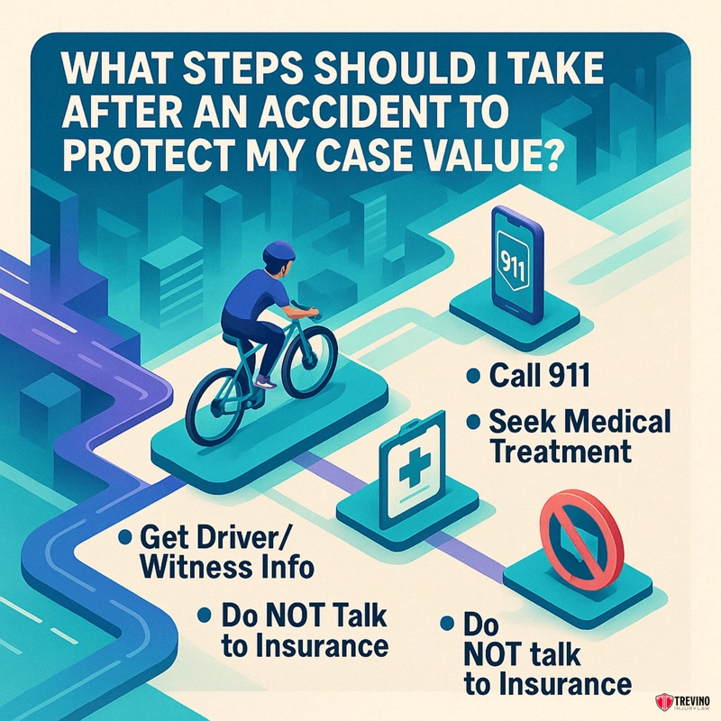 What Steps Should I Take After An Accident To Protect My Case Value, An illustrated infographic shows a cyclist at an intersection with text: "What steps should I take after a San Antonio bicycle accident to protect my case value?" Steps: Call 911, Seek Medical Treatment, Get Driver/Witness Info, Do NOT talk to Insurance. Trevino Law logo.