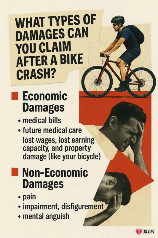 What Types Of Damages Can You Claim After A Bike Crash, Infographic titled “What Types of Damages Can You Claim After a San Antonio Bicycle Accident?” shows a cyclist, a man holding his painful neck, and another with his head in his hand. Lists economic and non-economic damages that affect your case worth.