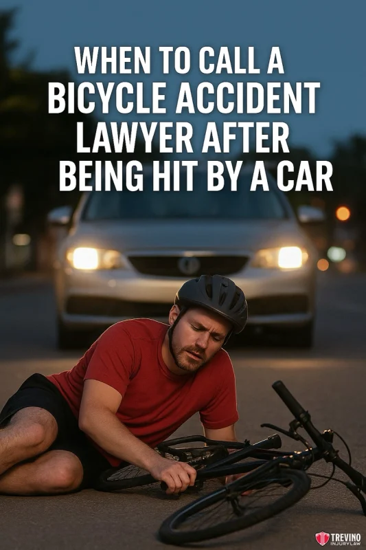 A man in a red shirt and black helmet lies injured on the road next to his bike, in front of a car with headlights on. Text above reads, “When to call a bicycle accident lawyer after being hit by a car on bike—protect your rights.”.