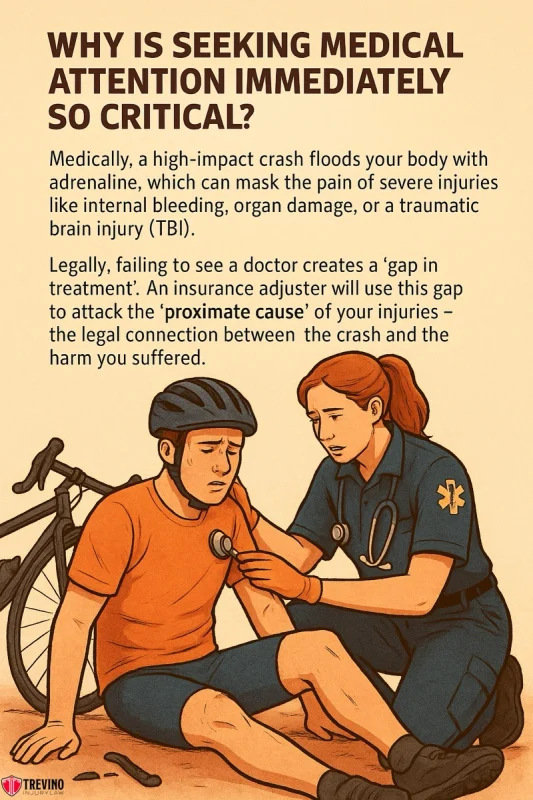 An EMT in uniform kneels beside an injured cyclist, gently supporting his shoulder after he was hit by a car on bike. The cyclist looks pained, holding his knee. Text above explains why immediate medical attention helps protect your rights in San Antonio.