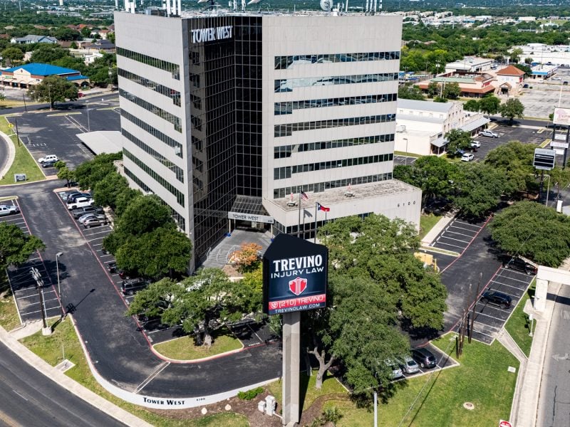 Best personal injury lawyer near me, San Antonio, TX. Aerial view of the Tower West office building in San Antonio, housing the Trevino Injury Law headquarters where our personal injury attorneys prepare for complex Litigation.
