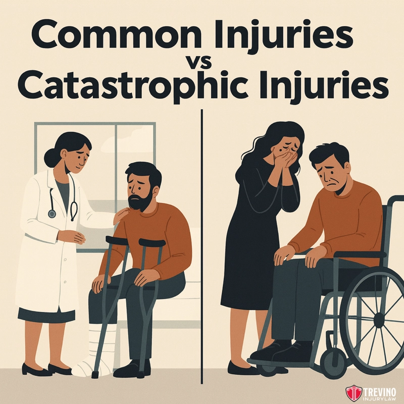Common Injuries And Catastrophic Injuries After A Bicycle Accident, The image is split in two. Left: A doctor speaks to a San Antonio man with crutches and a foot cast, looking sad. Right: A distressed woman stands behind a man in a wheelchair who appears upset. Text: “Common Injuries vs Catastrophic Injuries.” Trevino Injury Law logo below.