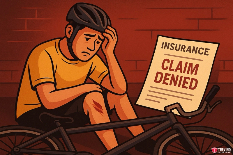 Illustration of a sad man in a helmet sitting by his bike with a scratched knee, distressed after a bicycle accident San Antonio. Next to him is a large paper reading "INSURANCE CLAIM DENIED" in bold red, conveying disappointment.