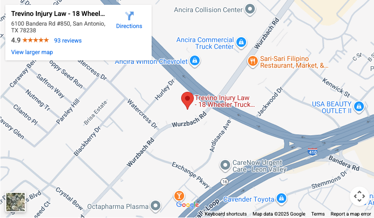 Trevino Injury Law Directions Screenshot of a Google Maps location for “Trevino Injury Law - 18 Wheeler Truck,” a San Antonio truck accident lawyer, at 6100 Bandera Rd. The map highlights nearby roads, businesses, and landmarks with a red marker on the law office.