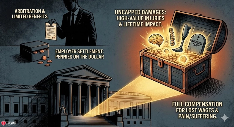 Arbitration work injuries. A split image contrasts arbitration—showing a shadowy figure with a “Contract,” little cash, and limited benefits—against Texas non-subscriber lawsuits, depicted by a glowing chest with cash, brain, prosthetic limb, gravestone, symbolizing full compensation for work injuries.