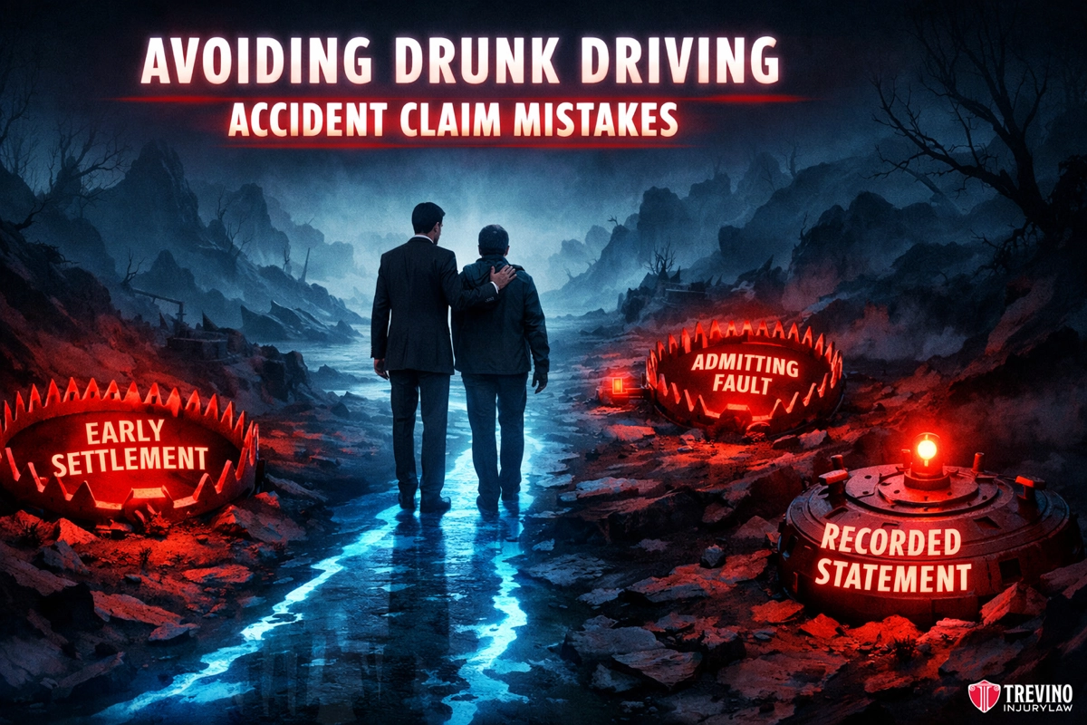 Avoiding drunk driving accident claim mistakes. Two men in suits walk arm-in-arm down a cracked, glowing road through a dark, rocky landscape. Three red warning signs read: "EARLY SETTLEMENT," "ADMITTING FAULT," and "RECORDED STATEMENT." Title: "Avoiding Drunk Driving Accident Claim Mistakes.