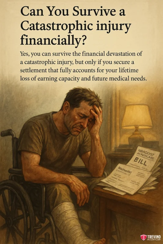 Can You Survive a Catastrophic Injury Financially?. A distressed man with a scruffy beard sits in a wheelchair, holding his head in one hand. He looks upset, with medical bills and a lamp on the table beside him. The headline highlights how a San Antonio Catastrophic Injury Lawyer can help financially survive.