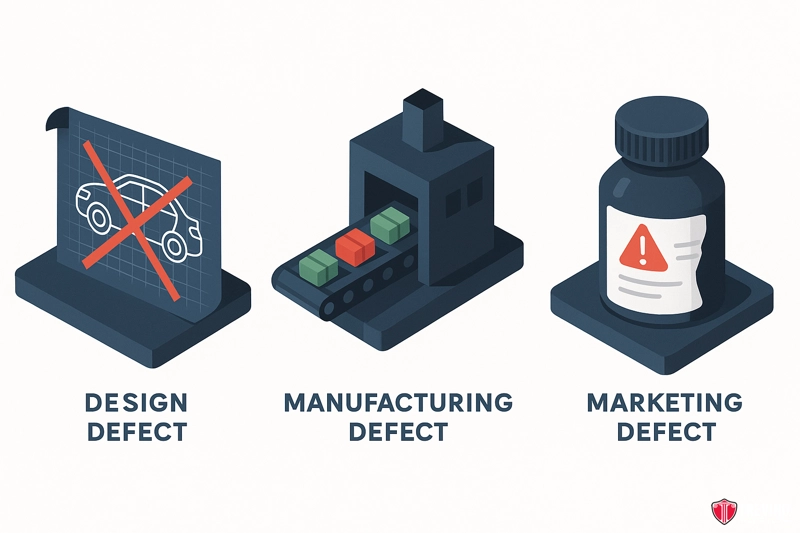 What Qualifies as a Defective or Dangerous Product in Texas?. Three icons: a blueprint of a car with a red X for "Design Defect," a factory machine on a conveyor belt for "Manufacturing Defect," and a bottle with a warning label for "Marketing Defect"—key terms in Defective Product Litigation.