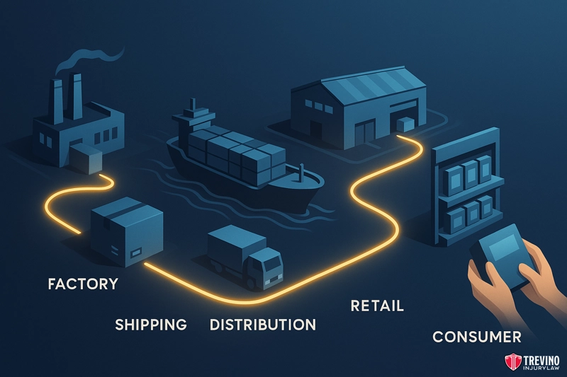 How Does a Liability Lawyer in San Antonio Find Who Is Responsible in the Full Chain of Distribution?. Illustration showing a supply chain: products move from a factory to shipping, then to distribution, retail shelves, and finally to a consumer using a smartphone—highlighting steps where Defective Product Litigation may arise. Each stage is labeled and linked by a glowing yellow line.