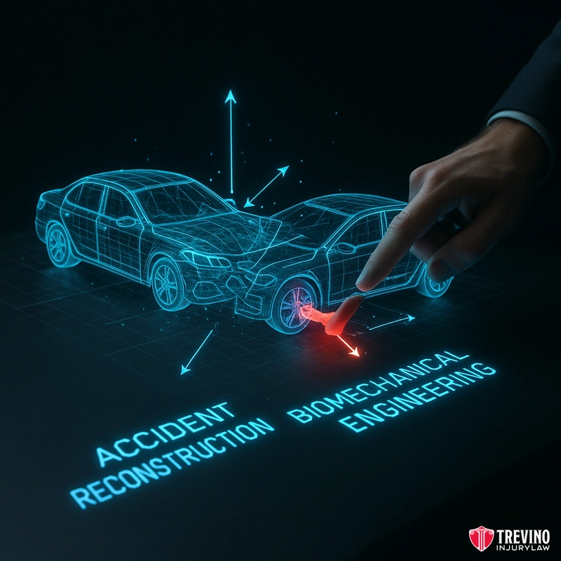 How Does an Experienced Product Liability Firm Prove the Defect?. A digital illustration shows two wireframe cars in a collision, with one hand pointing at the crash point. Arrows and holographic graphics highlight impact details, emphasizing Defective Product Litigation. Trevino Injury Law logo is in the corner.