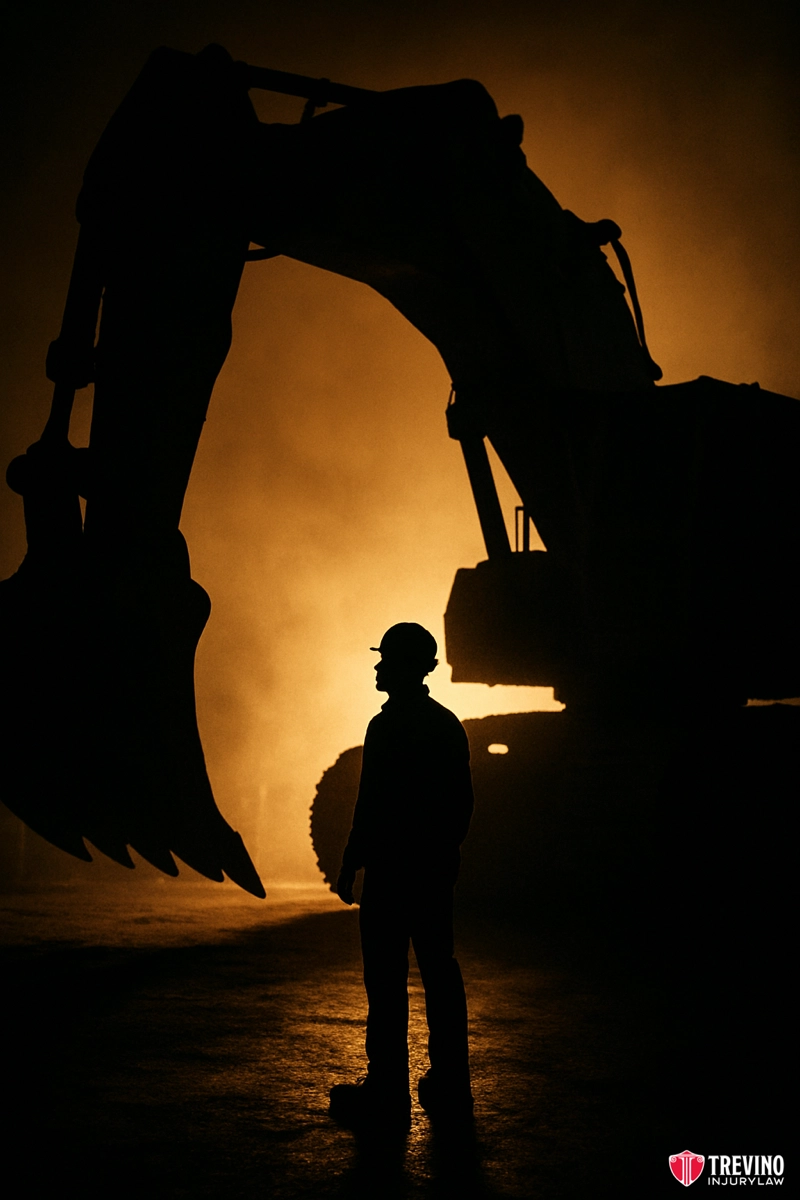 Can You Sue If You Were Harmed by a Defective Product at Work?. A person wearing a hard hat stands in silhouette before a large excavator, dramatically backlit by orange light and smoke, creating strong shadows and an industrial atmosphere—perfect for a San Antonio Product Liability Lawyer. Trevino Insurance logo in lower right.