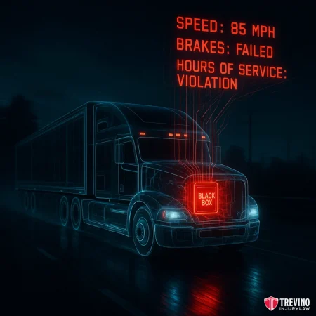 The "Black Box" Revelation: Proving They Knew. A digitally rendered semi-truck drives at night in the rain. Red glowing text reads: “SPEED: 85 MPH, BRAKES: FAILED, HOURS OF SERVICE: VIOLATION.” A “BLACK BOX” label highlights the dash—reminding you to protect Your Rights. Trevino Injury Law logo appears bottom right.