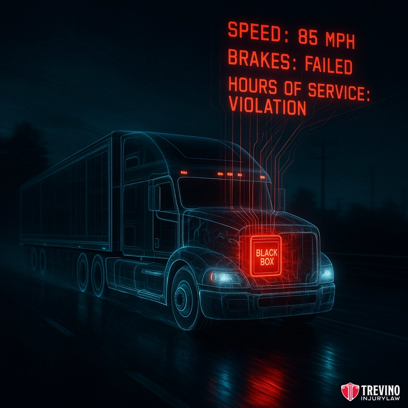 The "Black Box" Revelation: Proving They Knew. A digitally rendered semi-truck drives at night in the rain. Red glowing text reads: “SPEED: 85 MPH, BRAKES: FAILED, HOURS OF SERVICE: VIOLATION.” A “BLACK BOX” label highlights the dash—reminding you to protect Your Rights. Trevino Injury Law logo appears bottom right.
