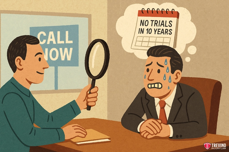 What Questions About Trial Experience Reveal if a Law Firm is a Settlement Mill?. A man in a suit sweats nervously at a desk while another man—perhaps one of Texas’s top Trial Lawyers—holds a magnifying glass toward him. A thought bubble shows a calendar reading "NO TRIALS IN 10 YEARS." “CALL NOW” sign on the wall behind them.