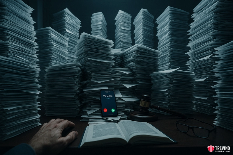 How Does High Case Volume Affect Personal Attention in a Personal Injury Case?. A person’s hand rests on an open book at a cluttered desk in a busy Texas law office, surrounded by towering stacks of paperwork. A phone displaying an incoming call from “My Client” sits near a gavel, hinting at active trial lawyers hard at work.