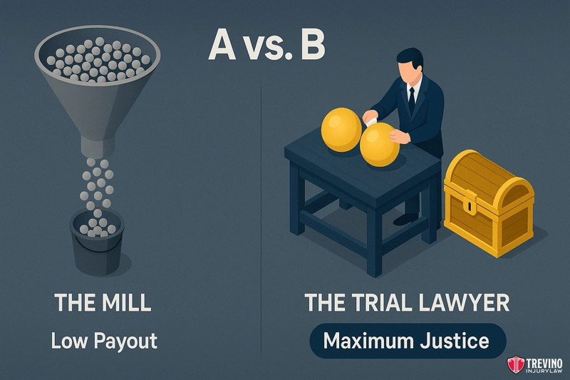 What is the Difference Between a Personal Injury Trial Lawyer and a High-Volume Law Firm?. A split image contrasts “Settlement Mills” in Texas—with gray balls dropping into a “Low Payout” bin—to “Trial Lawyers,” where a man in a suit inspects gold spheres beside a chest labeled “Maximum Justice.”.