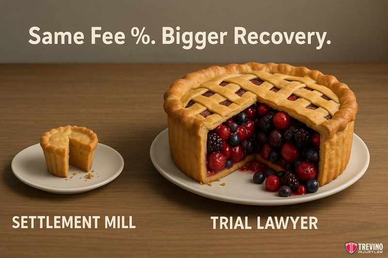 How Do Settlement Mills Set Client Fees Differently?. A large mixed berry pie labeled “TRIAL LAWYER” sits next to a much smaller pie labeled “SETTLEMENT MILL,” highlighting how Texas trial lawyers can deliver bigger recoveries. Above, text reads “Same Fee %. Bigger Recovery.” Trevino Injury Law logo at bottom right.