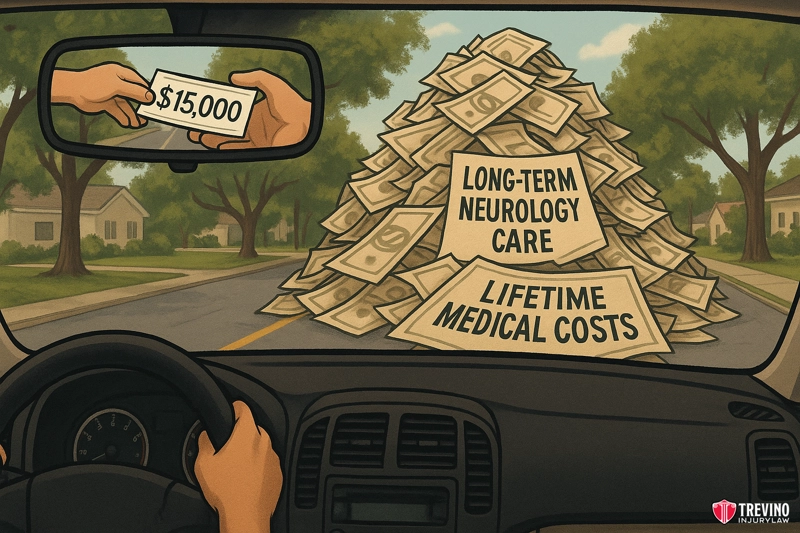 What Happens If I Accept a Settlement Too Early?. A person driving in Texas sees a giant pile of cash labeled “Long-term neurology care” and “Lifetime medical costs” blocking the road. In the rearview mirror, hands hold $15,000—insufficient compared to the large expenses ahead.