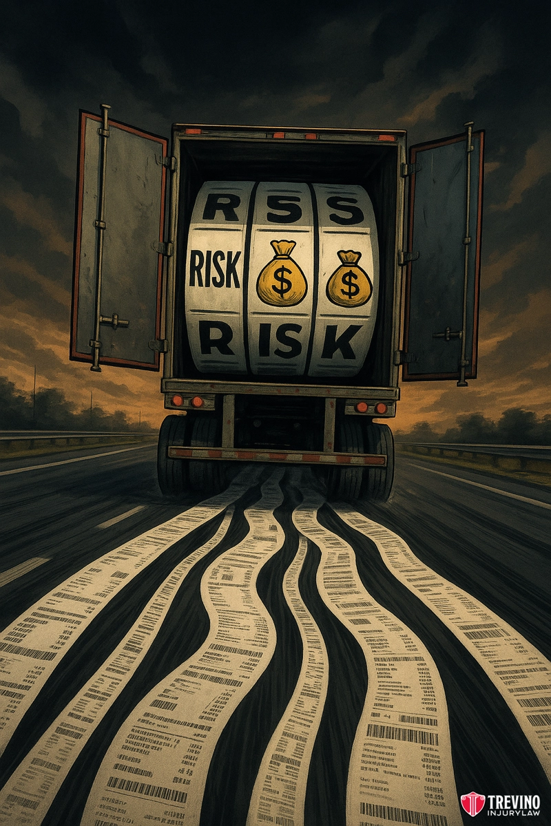 The "Race Against the Clock": Sacrificing Home Time and Safety for Miles. A truck with open doors shows a slot machine reel labeled “RISK” and money bags, hinting at the gamble of truck driver pay. The road behind it is paved with long insurance documents. Dark clouds suggest uncertainty and rising truck crashes. Trevino Insurance logo appears.