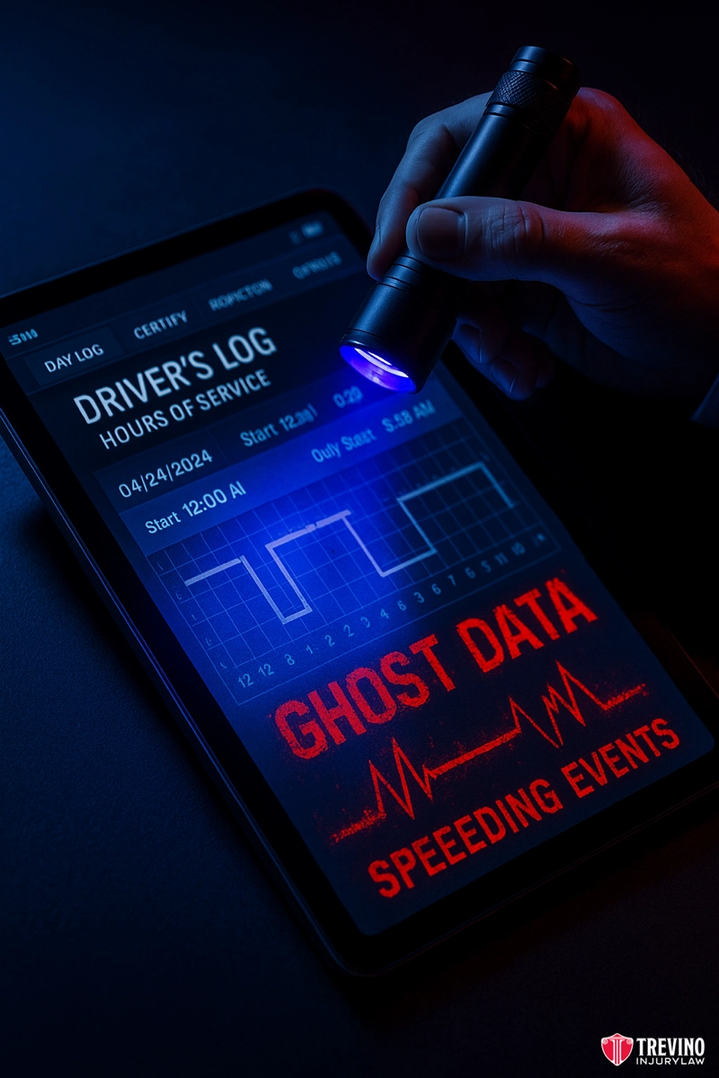 How to Correlate Pay Stubs with Electronic Logbooks (ELDs). A tablet displays a digital driver's log under UV light, revealing hidden red text reading "GHOST DATA SPEEDING EVENTS," highlighting concerns linked to truck crashes. A hand holds a flashlight above the screen. The Trevino injury law logo is in the lower right corner.