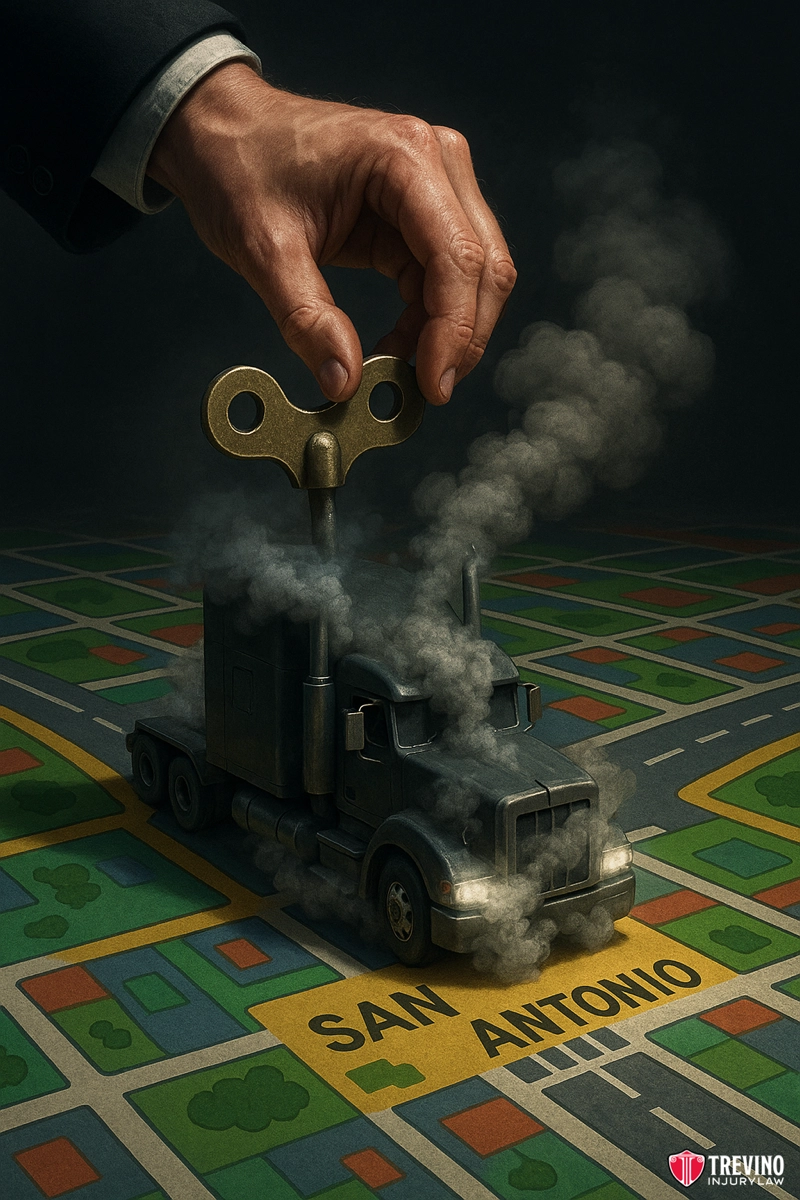 Can You Sue a Trucking Company for Dangerous Pay Structures?. A large hand winds up a smoke-belching toy semi-truck with a key. The truck, possibly alluding to speeding and truck crashes, stands on a colorful map labeled "SAN ANTONIO." Dramatic lighting heightens the surreal, moody atmosphere as smoke fills the air.