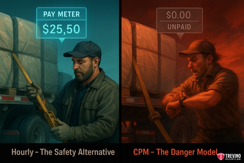 What Happens When Drivers Are Paid Hourly? (The Safety Alternative). A split image shows two truck drivers securing cargo. Left: calm man with “PAY METER $25.50” above him, labeled “Hourly – The Safety Alternative.” Right: stressed man, “$0.00 UNPAID,” labeled “CPM – Linked to more truck crashes.”.