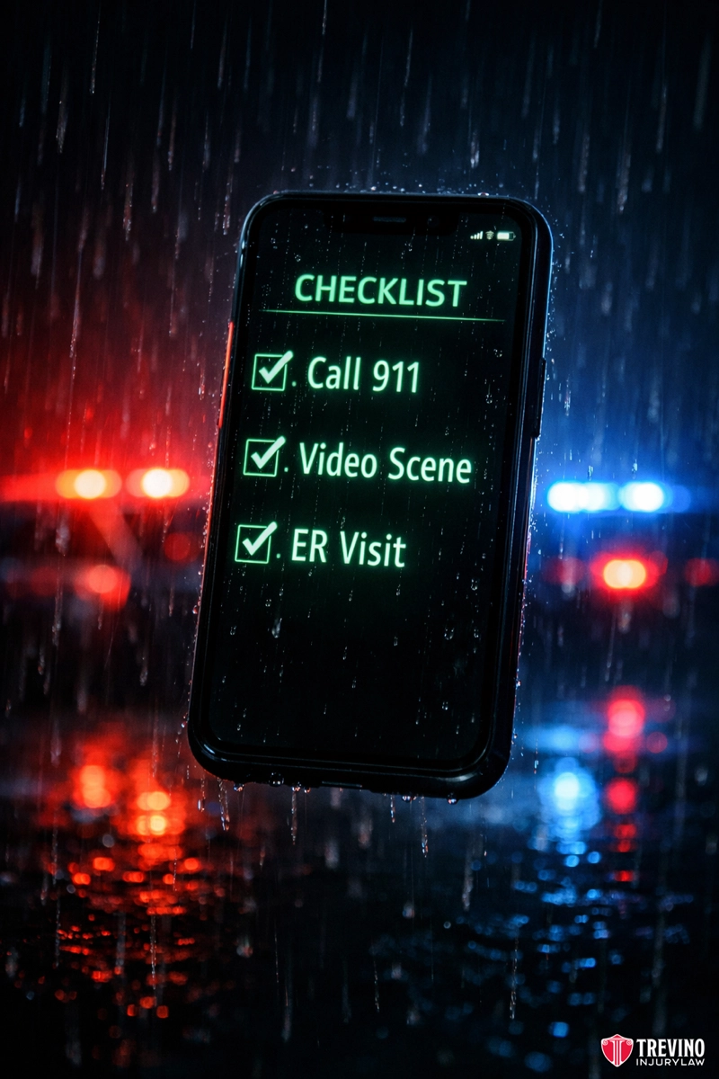 What Should I Do Immediately After a Drunk Driving Accident in San Antonio?. A smartphone displays a glowing checklist with three green checkmarks: “Call 911,” “Video Scene,” and “ER Visit.” The phone is wet, blurred red and blue police lights flash in the rainy night—a Drunk Driving Accident Lawyer logo appears bottom right.