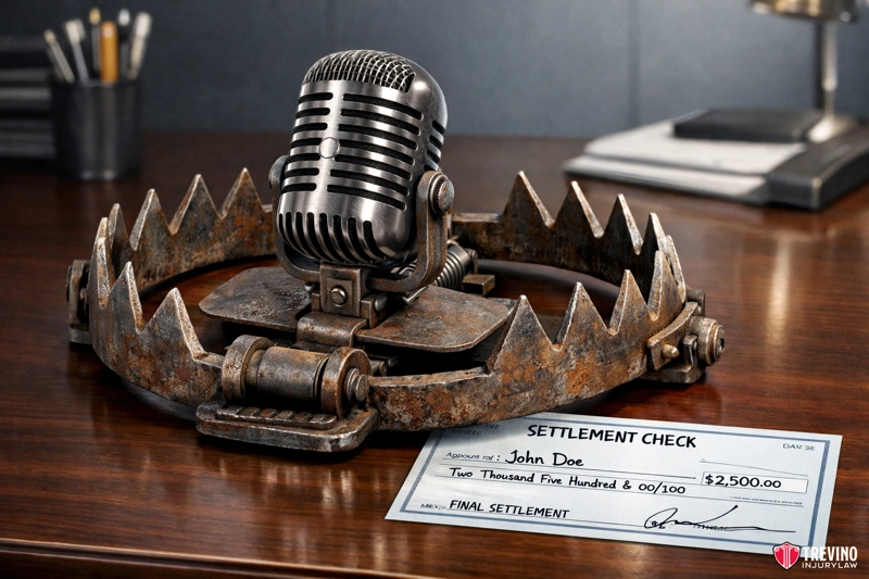 What Are the Most Critical Mistakes to Avoid in Your Drunk Driving Accident Claim?. A vintage-style microphone is trapped in a large, rusty bear trap on a wooden desk. A settlement check made out to "John Doe" for $2,500 suggests the aftermath of an incident—a reminder to consult a Drunk Driving Accident Lawyer.