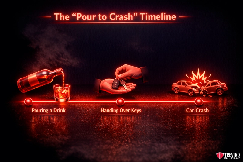 Can You Sue a Bar Under the Texas Dram Shop Act?. A timeline shows three stages: pouring alcohol, handing over car keys, and two cars crashing. Labels read "Pouring a Drink," "Handing Over Keys," and "Car Crash." The image warns against drinking and driving—consult a Drunk Driving Accident Lawyer if needed.