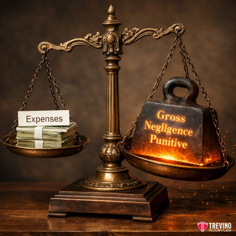 How Is the Value of a San Antonio Drunk Driving Accident Claim Calculated?. An ornate brass balance scale holds a stack of cash labeled "Expenses" on the left and a glowing heavy weight labeled "Gross Negligence / Punitive" on the right. The punitive weight, often seen in drunk driving cases, is much heavier. Trevino Injury Law logo is in the bottom right corner.