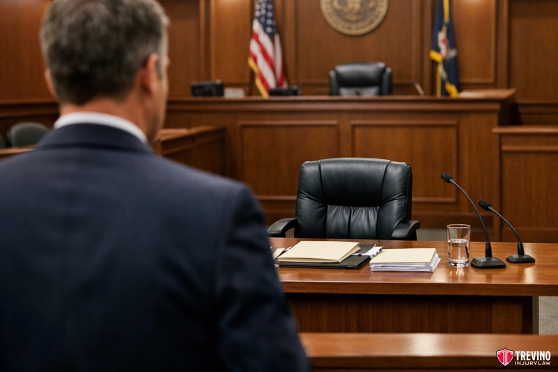 The Trevino Trial Advantage vs. High-Volume "Settlement Mill" Firms. A man in a suit stands in a courtroom, facing an empty judge’s chair and desk with documents, a glass of water, and two microphones. The Trevino Injury Law logo highlights the firm’s expertise as a trusted Drunk Driving Accident Lawyer.