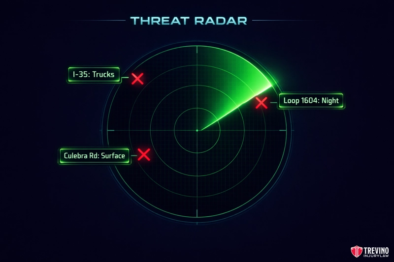 Where Are San Antonio's DWI Accident Hotspots?. A green radar screen labeled “THREAT RADAR” shows three red X marks for threats: “I-35: Trucks,” “Culebra Rd: Surface,” and “Loop 1604: Night.” The radar sweeps right. Treviño Injury Law Drunk Driving Accident Lawyer logo is bottom right.