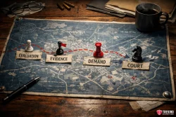 What Are the Steps to Filing a Drunk Driving Accident Lawsuit in Texas?. A blue map on a wooden desk displays chess pieces and labels reading “EVALUATION,” “EVIDENCE,” “DEMAND,” and “COURT.” A red dotted path connects them—perfect for a Drunk Driving Accident Lawyer strategizing the next legal move.