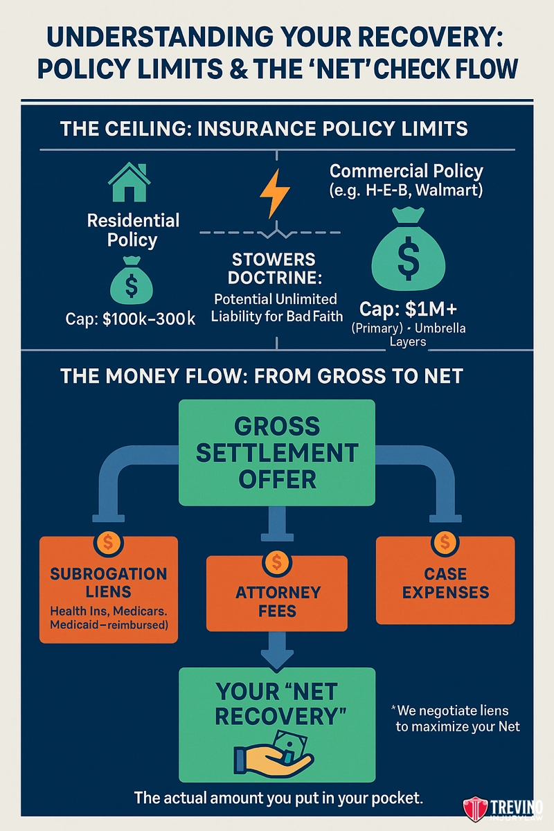 What Is the Maximum Compensation I Can Recover from Insurance Companies?. Infographic explaining insurance policy limits and net recovery flows. Top: The ceiling shows residential and commercial policy limits, Stowers Doctrine, and San Antonio slip and fall settlement worth. Bottom: Gross settlement minus fees equals your net recovery.