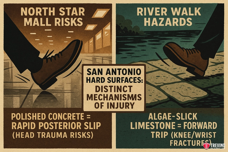 san antonio hard surfaces, distinct mechanisms of injury. Illustration shows two shoes slipping: left, on polished concrete at North Star Mall in Texas (risk: rapid backward slip, head injury); right, on algae-slick limestone at River Walk (risk: forward trip, knee/wrist fractures). Highlights slip and fall accidents.
