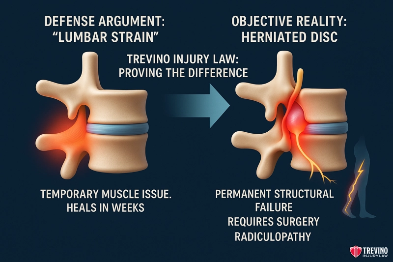Differentiating Soft Tissue Injuries vs. Herniations in a Slip and Fall Case. Diagram comparing two spinal injuries common in Texas slip and fall accidents. Left: “Lumbar strain” shows muscle pain, temporary and healing in weeks. Right: “Herniated disc” shows nerve pressure, labeled as permanent and possibly needing surgery.