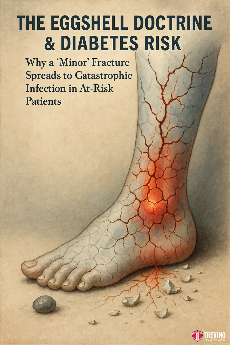 Why Dangerous Conditions and Property Owner Negligence Are Risky for Diabetics. Illustration of a swollen, red, and cracked human foot and ankle suggests infection or injuries. The pale beige background highlights text above, explaining the eggshell doctrine, diabetes risk, and complications from slip and fall accidents in Texas.