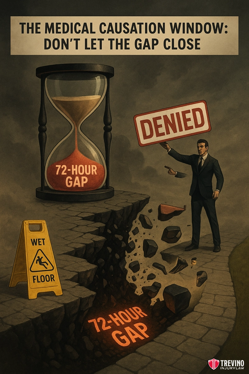 How Long Does Texas Law Allow to Diagnose Slip and Fall Injuries?. An illustration shows a giant hourglass labeled "72-HOUR GAP," with sand running out and a suited man holding a "DENIED" sign. Below, a broken floor marked "72-HOUR GAP" separates a "WET FLOOR" caution sign, representing slip and fall accidents in Texas.