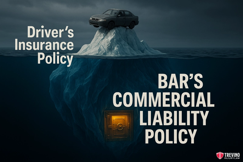 Calculating Compensatory Damages: Future Medical and Lost Earnings. A car sits on a small iceberg tip labeled "Driver's Insurance Policy." Below, a larger iceberg and vault labeled "Bar's Commercial Liability Policy" hint at compensation calculation in a San Antonio dram shop lawsuit. Trevino Injury Law logo appears in the corner.