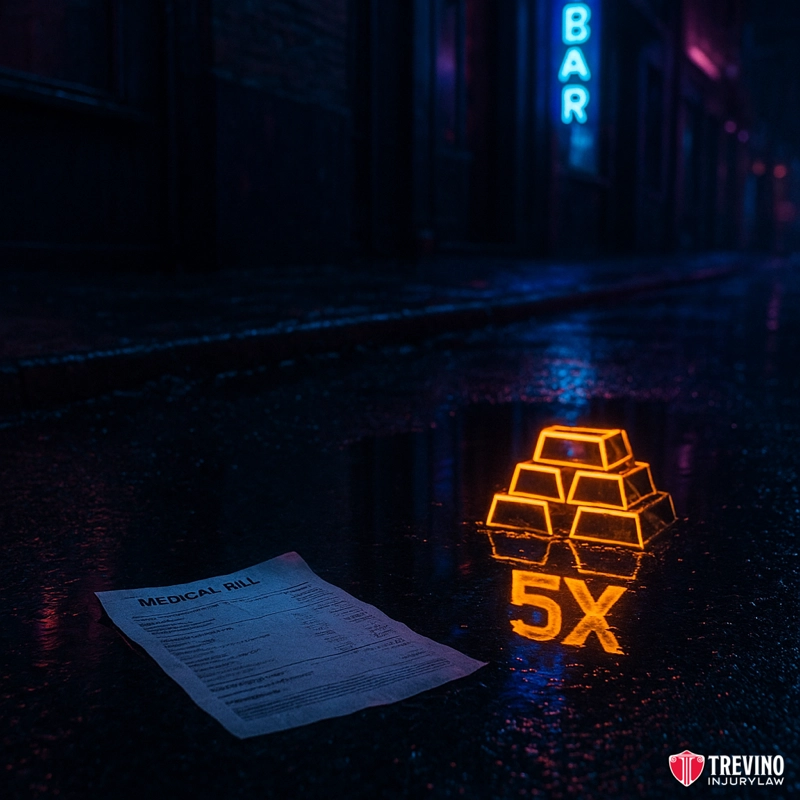 How Are Non-Economic Types of Compensation Calculated for Pain and Suffering?. A medical bill lies on a wet, dark city street at night, reflecting neon lights. Nearby, an orange neon sign shows five gold bars and "5X"—hinting at compensation calculation in a lawsuit. The Trevino Injury Law logo is in the lower right corner.