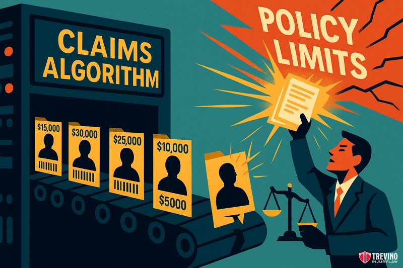 How Insurance Companies Devalue a Drunk Driver Claim?. A man in a suit holds up a document labeled "Policy Limits," blocking a conveyor belt labeled "Claims Algorithm" that produces profiles with claim amounts. A justice scale appears nearby, highlighting the role of compensation calculation in lawsuit outcomes.