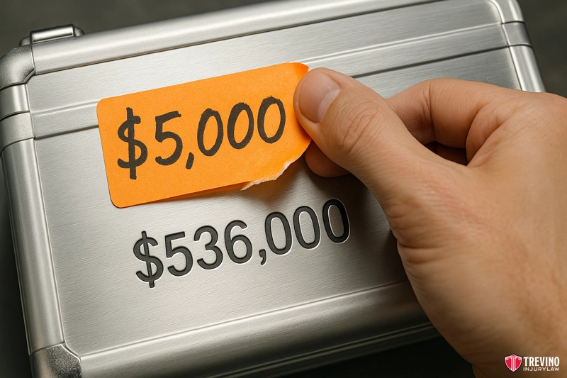 Seeking Justice: What Is an Acceptable Settlement Offer?. A hand places an orange label reading "$5,000" over "$536,000" on a silver metal briefcase, hinting at altered compensation calculation—perhaps in a San Antonio dram shop lawsuit. The briefcase rests on a gray surface.
