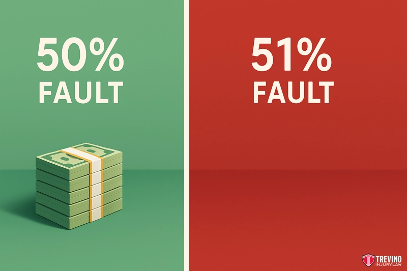 Establishing Liability and Negligence: The 51% Rule Formula. A graphic split in half; the left side is green with “50% FAULT” above a stack of money, and the right is red with “51% FAULT.” This illustrates how fault impacts compensation calculation. The Trevino Injury Law logo appears in the lower right corner.
