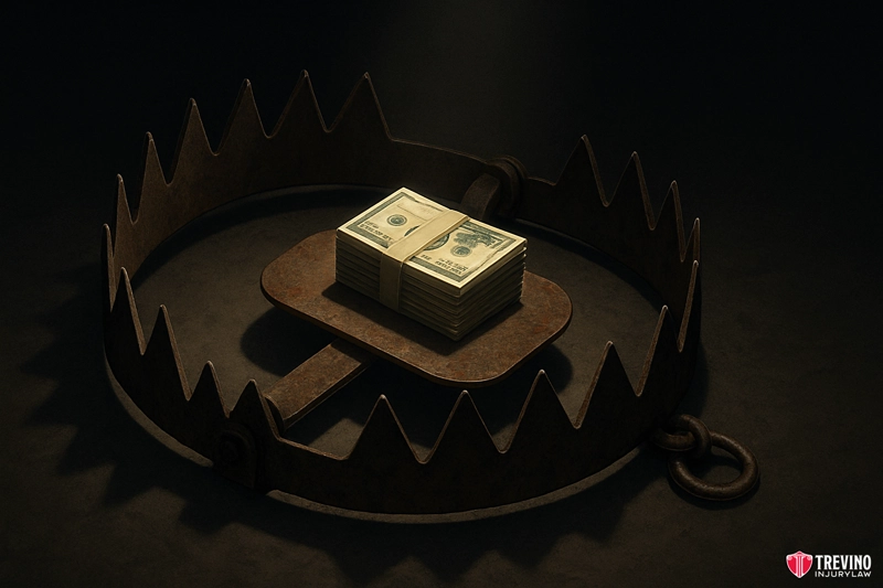 Why Experienced Attorneys Warn Against Accepting Early Offers?. A stack of U.S. dollar bills sits on the trigger of a large, open bear trap with sharp metal teeth, set against a dark background—highlighting the risks tied to compensation calculation in dram shop laws. The Treviño Injury Law logo is in the lower right corner.